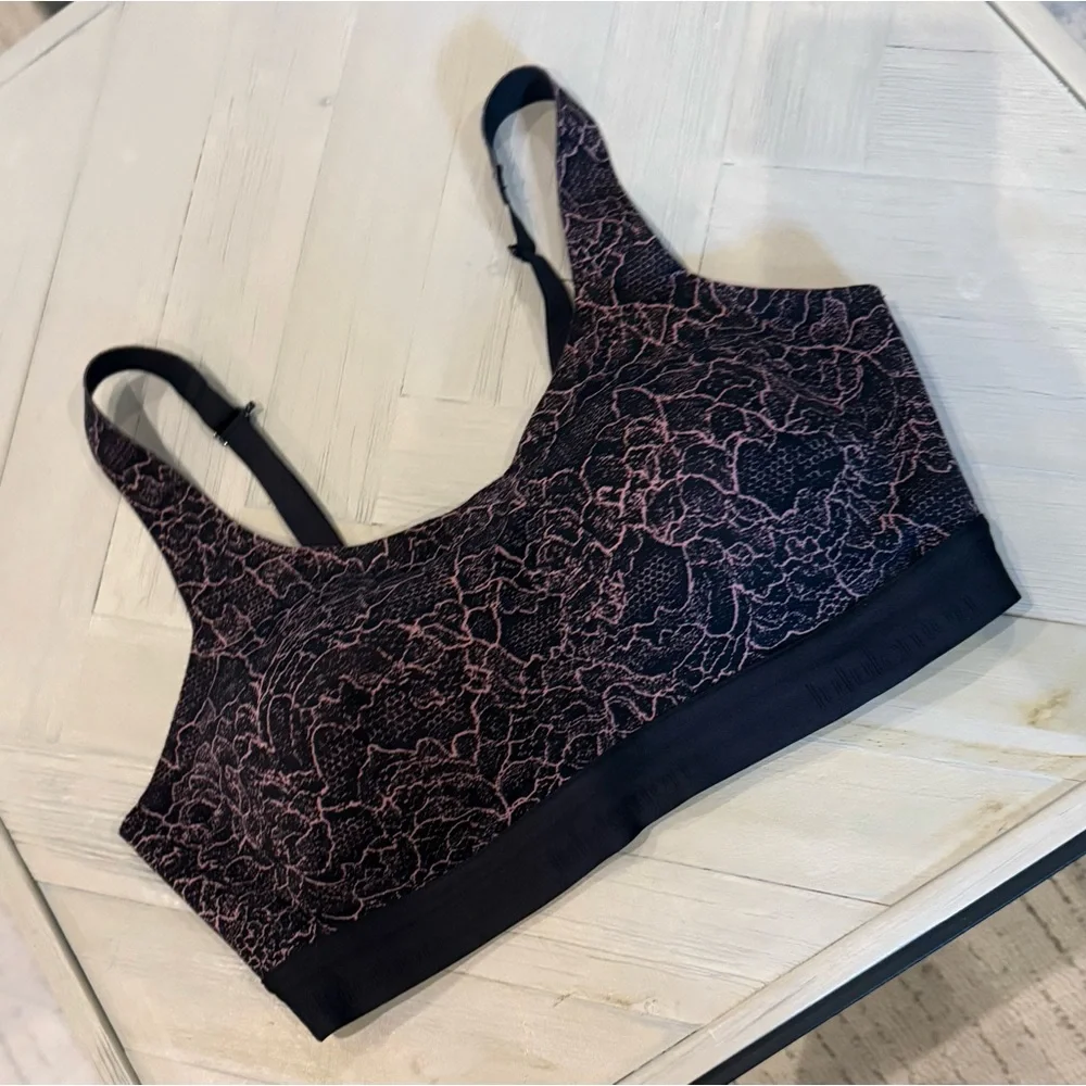 Lululemon Athletica Black and Pink Lace Print Sports Bra, Size 34D